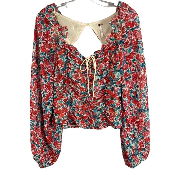Free People Womens Mable Blouse Rose Combo Balloon Sleeve Crop Size M Milkmaid - Picture 3 of 16